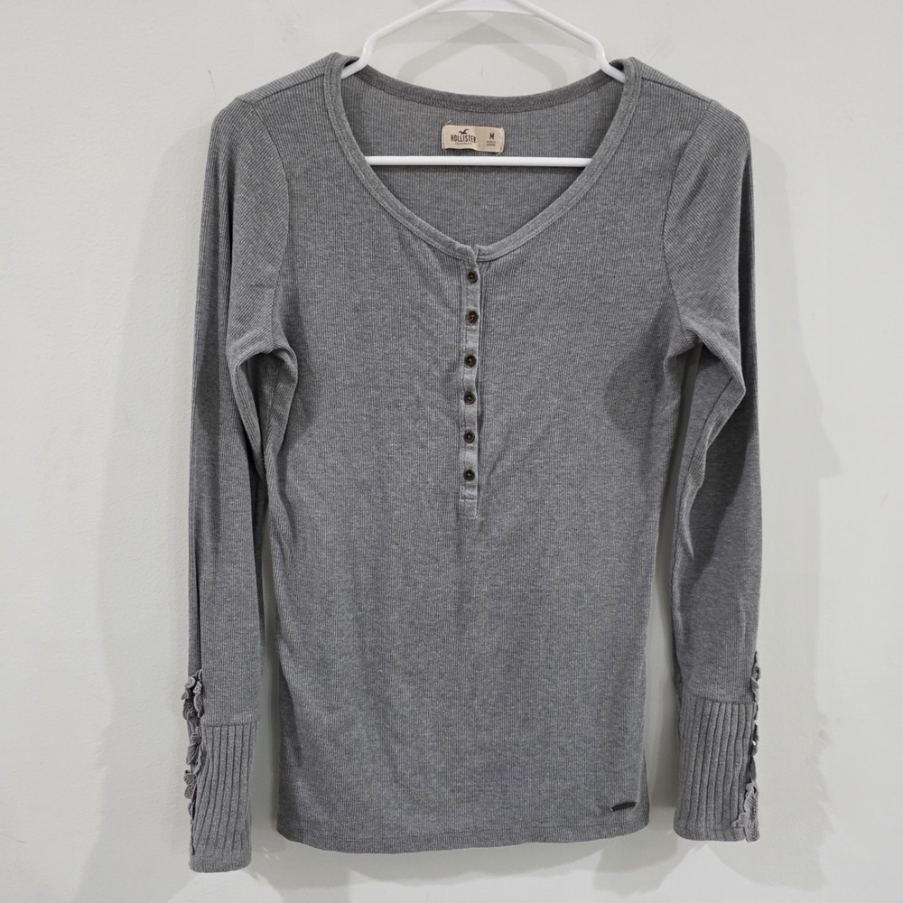 Y2K Hollister Womens Henley‎ Top Size Medium Gray Lace Fitted Ribbed Coquette